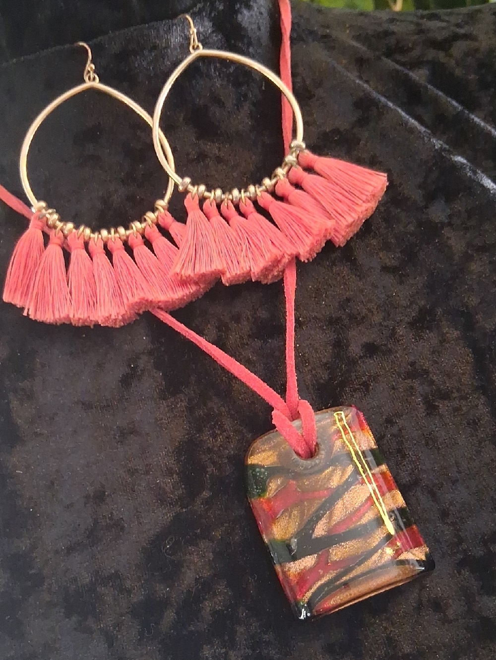 Boho Coral Tassel Hoop Earrings & Multicolor Glass Pendant Necklace 24 In Long
